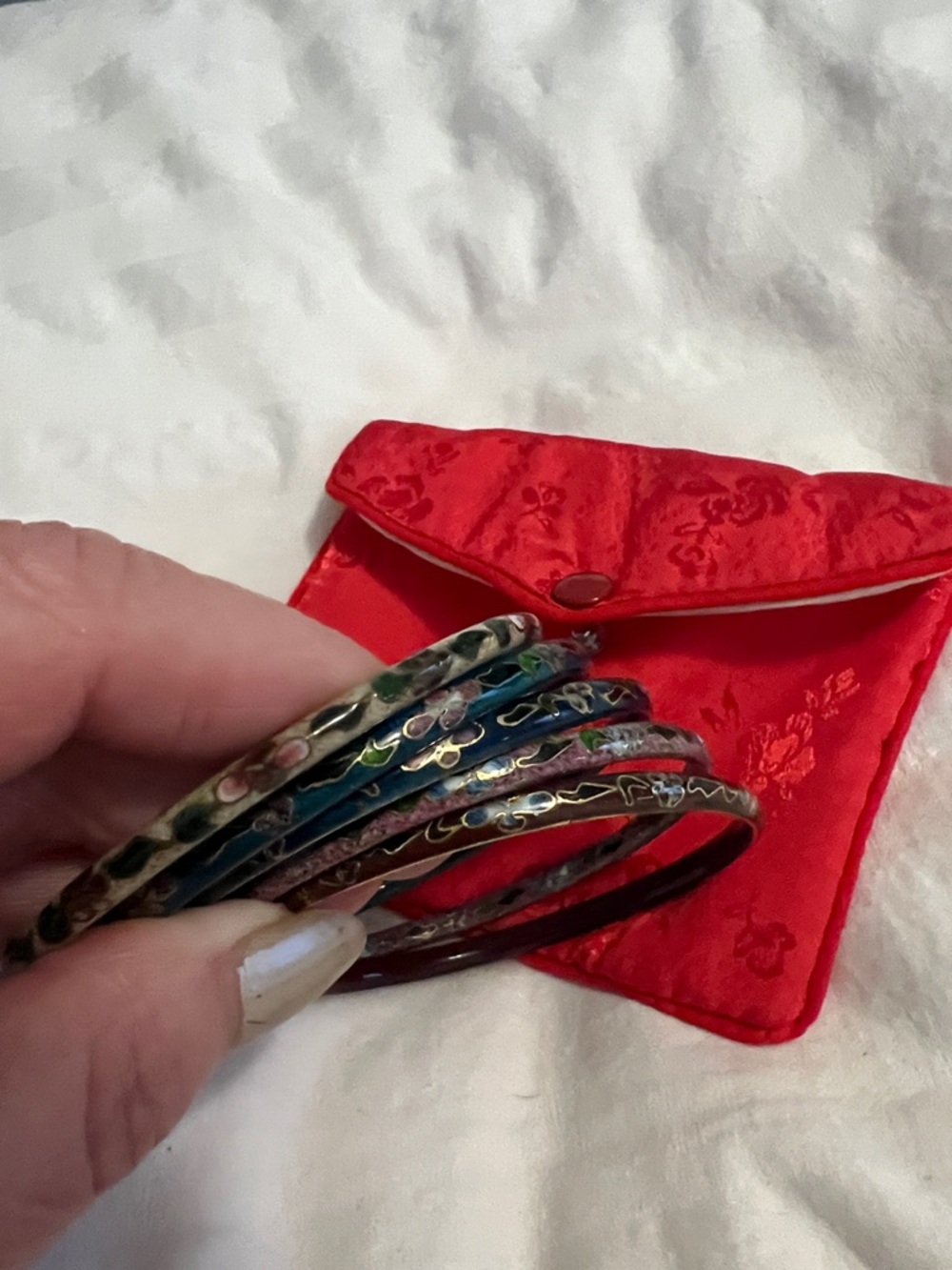 Hand-Painted Floral Cloisonné Bangle Bracelets — Red and Multicolor